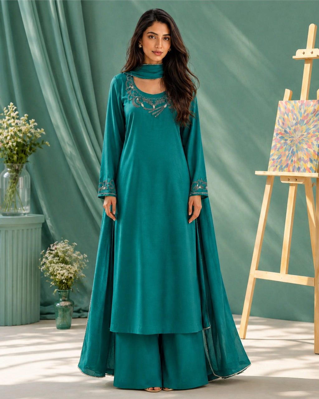 Firdausi | Emerald Green Tussar Silk 3-Piece Suit - L image