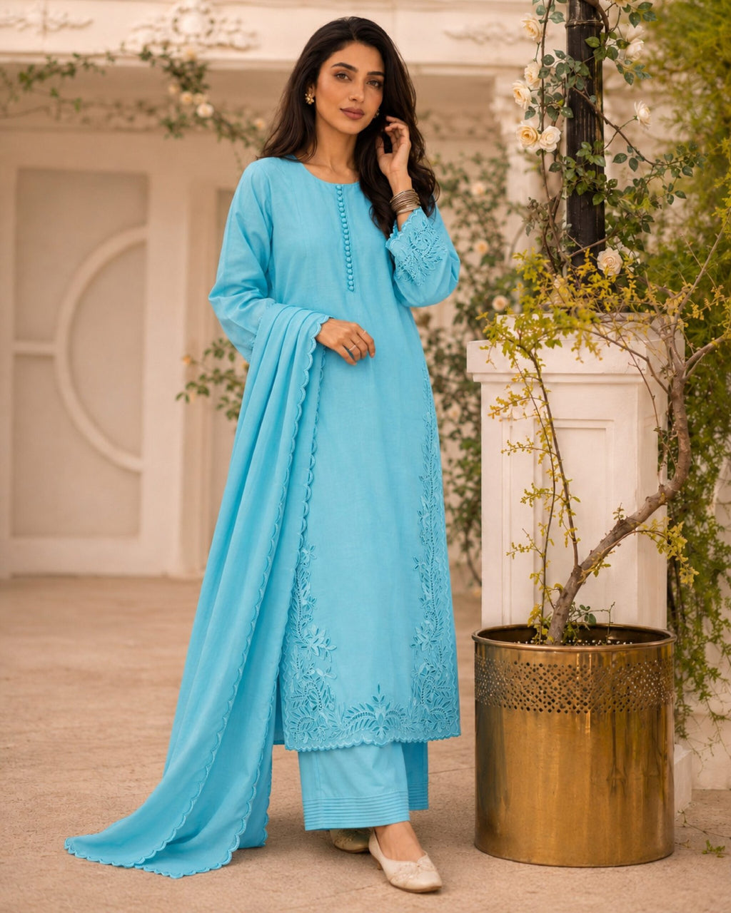 Neelambar | Sky Blue 3-Piece Tussar Silk Suit - Custom image