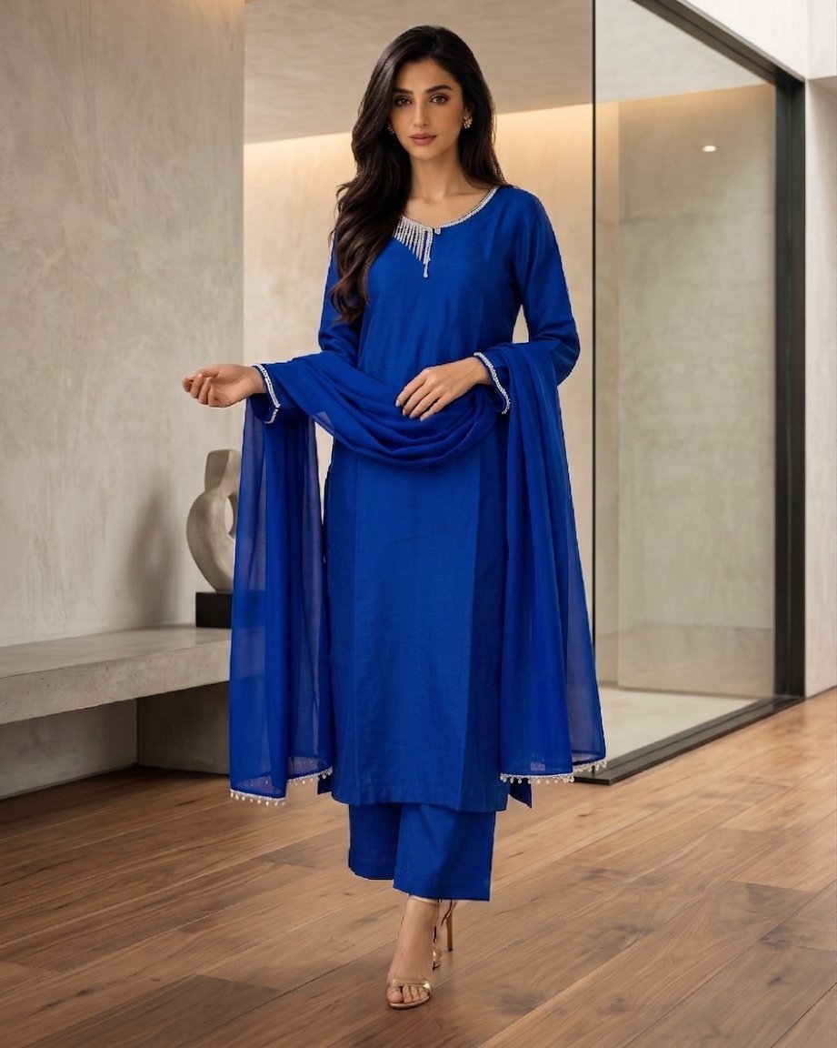 Noor-e-Neel | Royal Blue Tussar Silk 3-Piece - S image