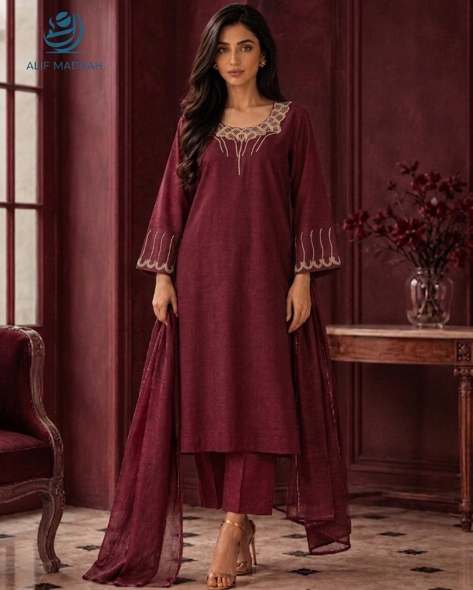 Anaar Zaib | Deep Maroon Tussar Silk 3-Piece - S image