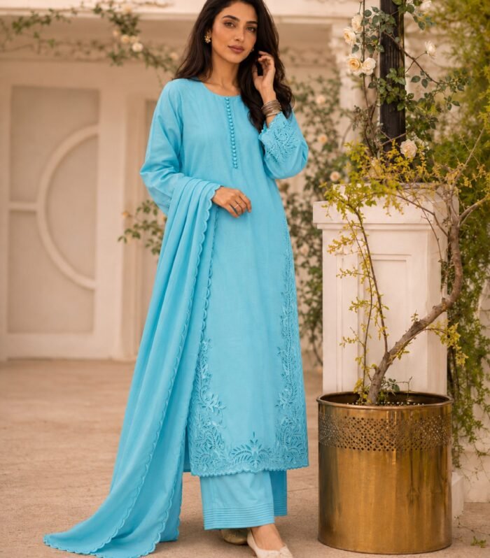 Neelambar | Sky Blue 3-Piece Tussar Silk Suit