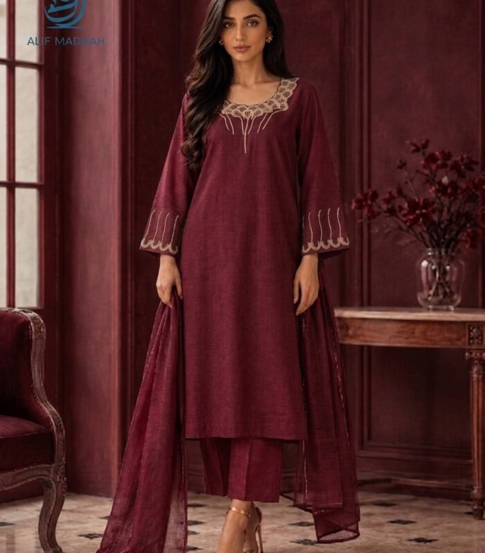 Anaar Zaib | Deep Maroon Tussar Silk 3-Piece